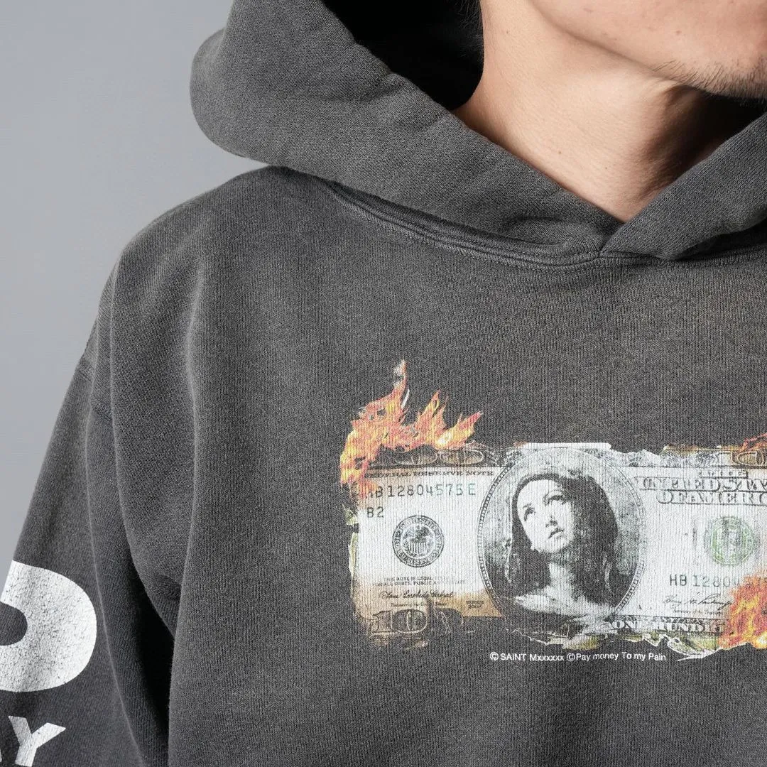 SAINT Mxxxxxx × PAY MONEY TO MY PAIN PTP_HOODIE/BRAND MONEY/BLK Co-branded PTP Virgin Mary dollar hoodie Washed black S-XL Assute dyeing The whole piece is sprayed with horse fade Mold customization joint main mark/washed mark Factory four-needle and six-thread workmanship No bone seams More comfortable to wear Repeated modification of proofing Authentic grade crack printing VINTAGE value is full